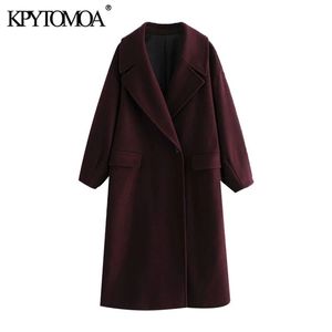 Kpytomoa dames mode enkele knop oversized wollen jas vintage lantaarn mouw zakken vrouwelijke bovenkleding chic overjas 201215