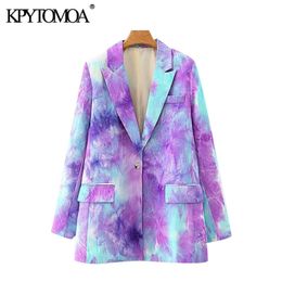 KPYTOMOA mujeres moda solo botón Tie-dye estampado Blazer abrigo Vintage manga larga bolsillos mujer prendas de vestir exteriores Chic Tops 201114