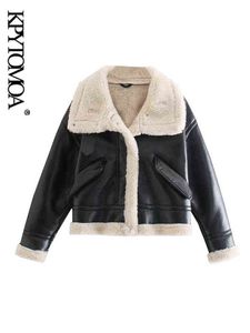 KPYTOMOA Femmes Mode Épais Chaud Faux Cuir Shearling Veste Manteau Vintage À Manches Longues Poches À Rabat Femme Vêtements De Dessus Chic Tops 211118