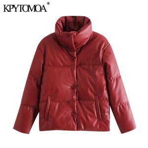 KPYTOMOA Femmes Mode Épais Chaud Parkas Faux Cuir Rembourré Veste Manteau Vintage À Manches Longues Poches Femme Survêtement Chic Tops 201201