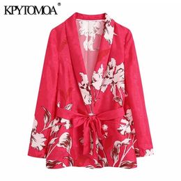 KPYTOMOA Femmes Mode avec ceinture Floral Print Blazer Manteau Vintage Manches longues Poches passepoilées Vêtements de dessus pour femmes Chic Veste 211122