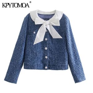 KPYTOMOA Women Fashion With Bow Tied Faux Pearl Buttons Jacket Coat Vintage Long Sleeve Female Outerwear Chic Tops 210914