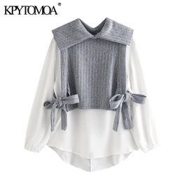 KPYTOMOA femmes mode avec nœud noué Patchwork Blouses amples Vintage à manches longues garniture élastique femmes chemises Chic hauts 210323