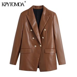 KPYTOMOA Damesmode met knooppleinte kunstleer blazer jas vintage lange mouw flap zakken vrouwelijke veste femme 211019