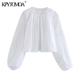 Kpytomoa dames mode met overdekte knopen bijgesneden blouses vintage o nek lantaarn mouw vrouwelijke shirts chic tops 210401