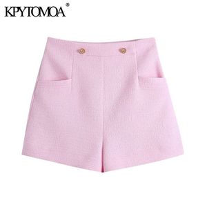 KPYTOMOA Damesmode met metalen knoppen Tweed Bermuda Shorts Vintage Hoge Taille Back Rits Vrouwelijke Korte Broek Mujer 210724