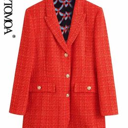 KPYTOMOA moda mujer con forro estampado ajustado Tweed Blazer abrigo Vintage manga larga bolsillos mujer prendas de vestir exteriores Chic Veste 211122