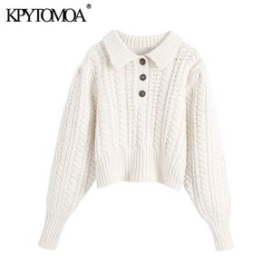 KPYTOMOA Femmes Mode avec boutons strass recadrée Pull en tricot Vintage Lanterne manches Femme Pulls Chic Tops 210218