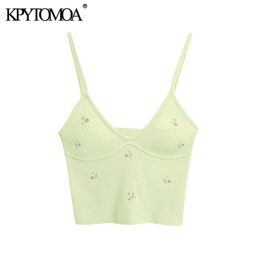 Kpytomoa vrouwen zoete mode bloemen borduurwerk bijgesneden gebreide blouses vintage backless dunne riemen vrouwelijke shirts chique tops lj200811