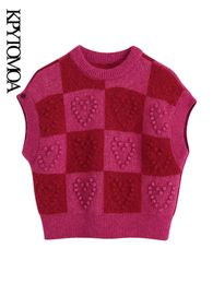 KPYTOMOA femmes doux mode coeur motif Plaid tricot gilet pull Vintage col rond sans manches femme gilet Chic hauts 220715