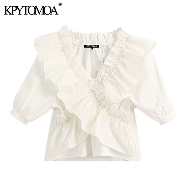 KPYTOMOA Femmes Sweet Fashion Blouses blanches à volants Vintage Col V Manches courtes Stretch Chemises féminines Blusas Chic Tops LJ200812