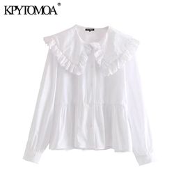 Kpytomoa vrouwen zoete mode met Peter Pan kraag gegolfde blouses vintage lange mouw button-up vrouwelijke shirts chic tops 210308