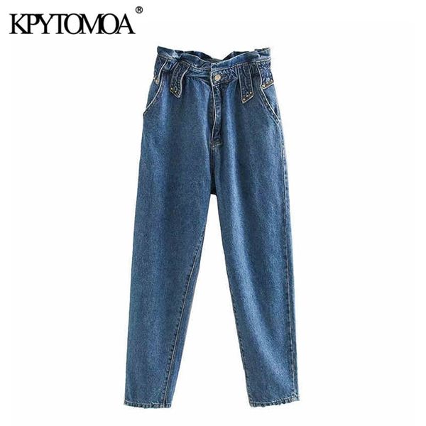 KPYTOMOA Femmes Vintage Stud Appliques Poches Jeans Élastique Paperbag Taille Zipper Fly Femelle Denim Pantalon Cheville Pantalon 201029