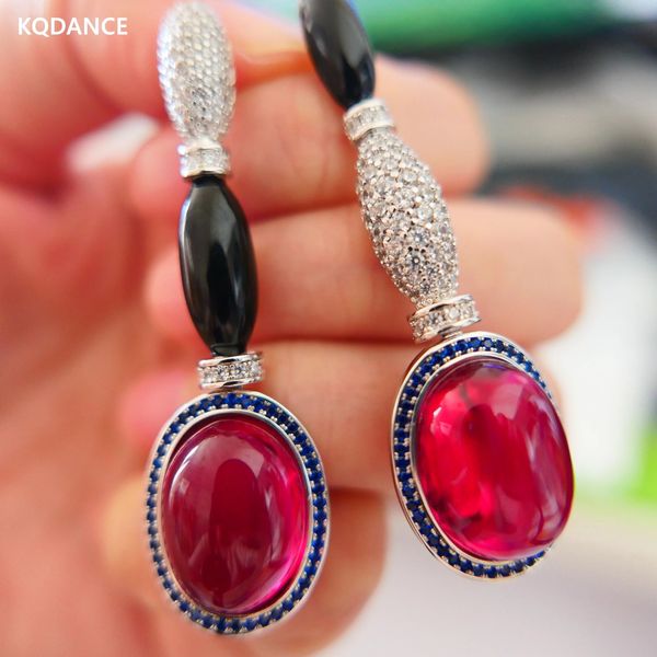 KQDANCE luxe grande résine noire CZ diamant ovale coupe d'oeuf rubis rouge perle longues boucles d'oreilles avec aiguille en argent 925 bijoux femme 240220