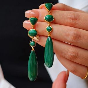 KQDANCE réel 925 en argent Sterling avec pierre gemme naturelle vert Malachite longue mince larme boucles d'oreilles bijoux fins pour les femmes 240220