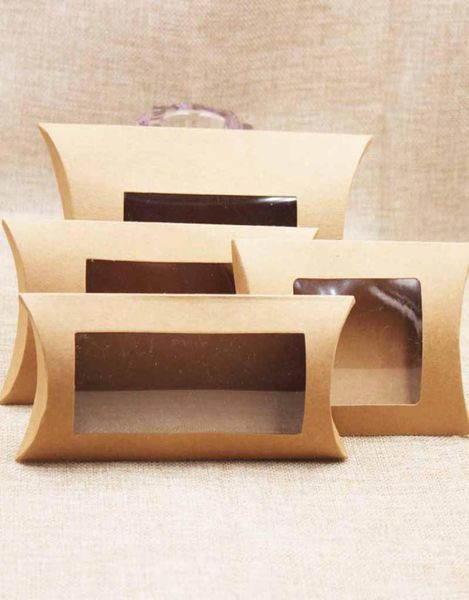 Boîte d'oreiller d'emballage cadeau Kraft avec fenêtre en PVC transparent oreillers noirs bruns blancs en forme de boîtes d'emballage de savon de bonbons faits à la main 255 N26152409