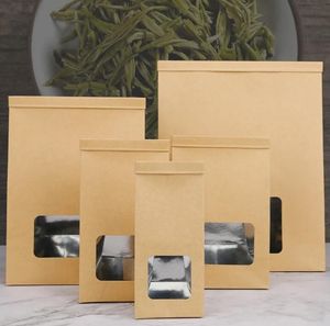 Kraft Paper aluminium foliefassen met heldere raam Tin Tie Tab Lock Bock Tassen Bruine raamzakken Cookie Tea Coffee Bags Party Gift Package