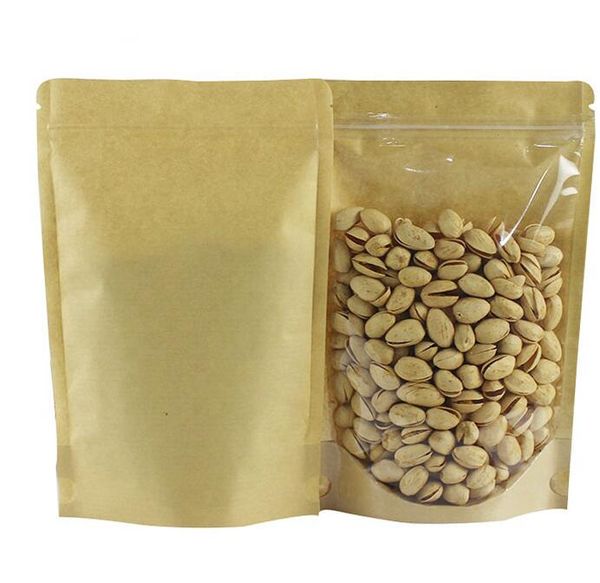 Sac en papier kraft Sacs anti-humidité alimentaire Pochette à fermeture éclair Sacs d'emballage alimentaire Réutilisable en plastique avant Transparent Stand Up Bag