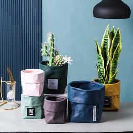 Kraft papieren zak vorm keramische bloem plant pot nordic industriële stijl kleurrijke succulente planter met gat 210615