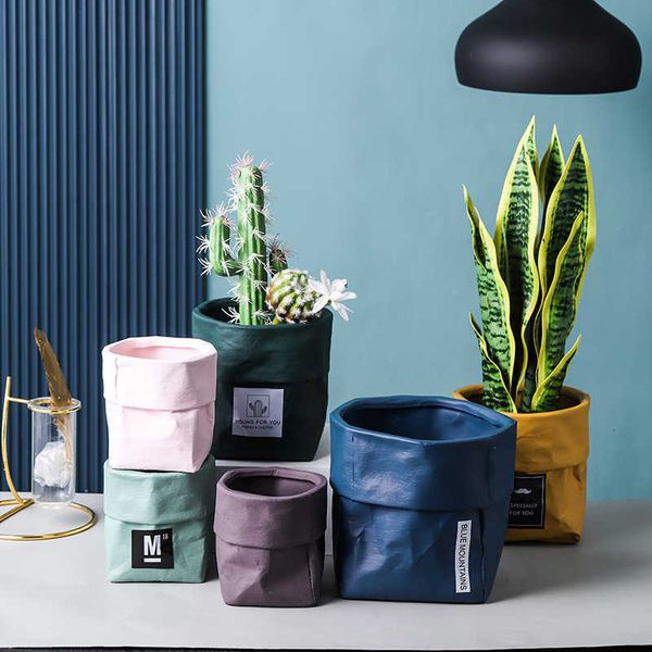 Kraft papier sac forme céramique fleur plante Pot nordique industriel Style coloré succulente jardinière avec trou 210615
