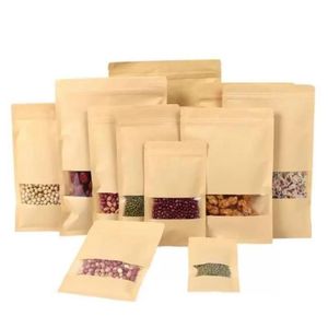 Sac en papier kraft Stand Up Cadeau Aliments secs Fruits Thé Emballage Pochettes Fenêtre Détail Fermeture à glissière Sacs auto-scellants 14 tailles Uimac Kpwcn