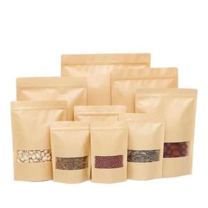 Sac en papier kraft debout cadeau aliments secs fruits thé emballage pochettes fenêtre détail fermeture à glissière sacs auto-scellants 14 tailles Feghb