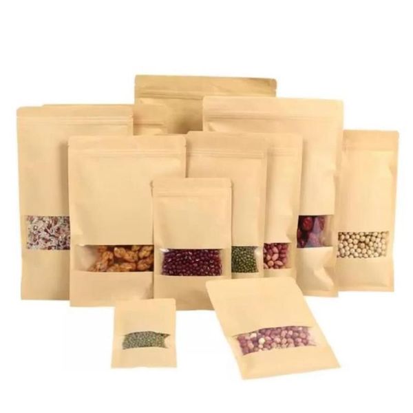 Sac en papier Kraft debout, pochettes d'emballage pour aliments secs, fruits, thé, fenêtre de détail, fermeture éclair, sacs auto-scellants, 14 tailles Loohr