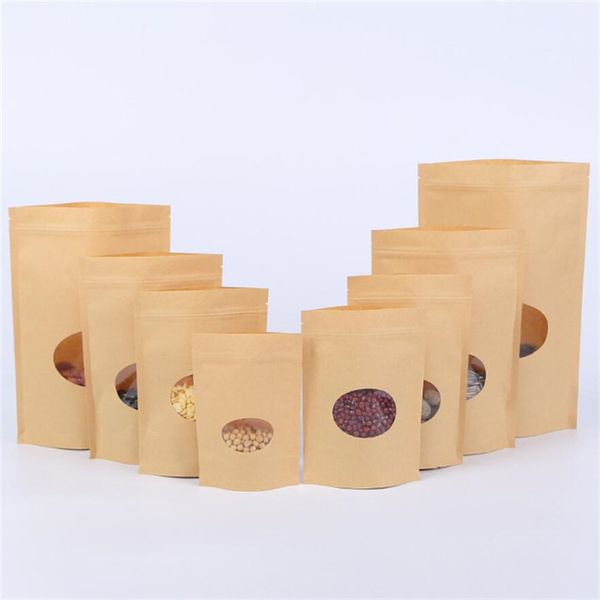 Sacs en papier Kraft Sachets alimentaires à scellage réutilisables Paquet cadeau de thé aux fruits debout avec sac d'emballage de stockage de fenêtre transparente