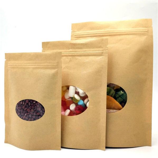 Sacs en papier Kraft, pochettes alimentaires réutilisables, emballage cadeau de thé aux fruits, sacs debout avec fenêtre transparente