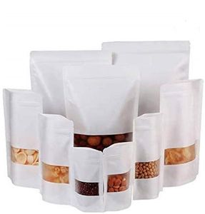 Sacs en papier kraft Sac à fermeture éclair blanc Stand Up Food Pouches Emballage refermable avec sac d'emballage à fenêtre mate