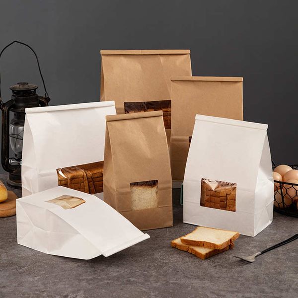 Sacs d'emballage alimentaire de hamburger de cuisson de papier kraft blanc jaune fenêtre transparente pochette d'étanchéité étanche à l'humidité pour le stockage à emporter de casse-croûte de biscuits de pain grillé