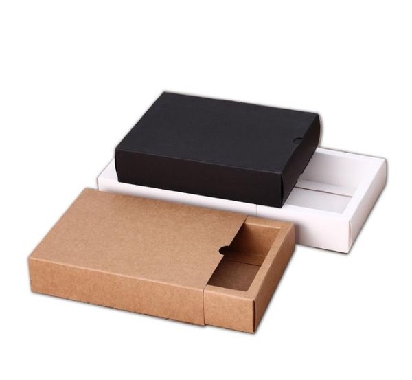 Cadeau Cadeau Kraft Paper Box Tiroir en papier blanc noir pour Tea Cadeau Cadeau Biscuit Biscuit Packaging Carton peut être personnalisé 8x8x4cm 12x9x3.3cm 17x8x3.5cm