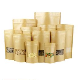 Kraft Paper Doypack Stand Up Bouch Bag Square Diy Herbruikbare hersluitbare rits rits geurbestendige zakjes met raamrecycle koffiebouw baggie