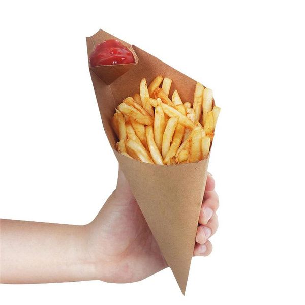 Boîte à frites en papier Kraft Cone Sac à puces résistant à l'huile Jetable Chips Cup Party Paquet alimentaire à emporter