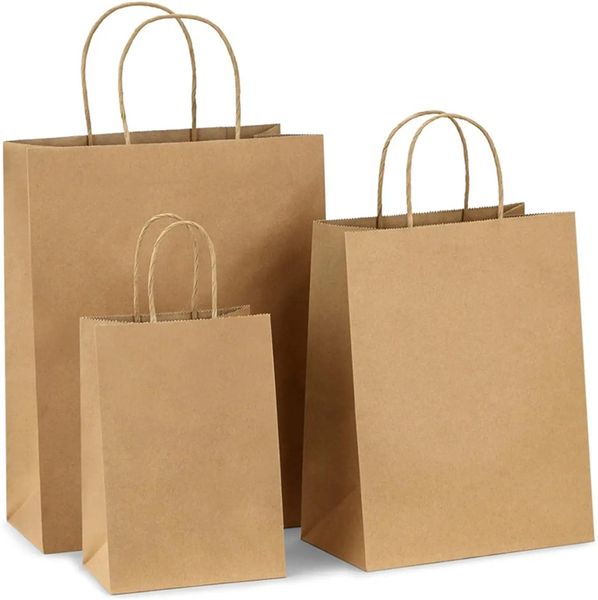 Sacs cadeaux en papier Kraft avec poignées, sac de transport artisanal marron blanc, sac de bricolage, fournitures de fête et de fête