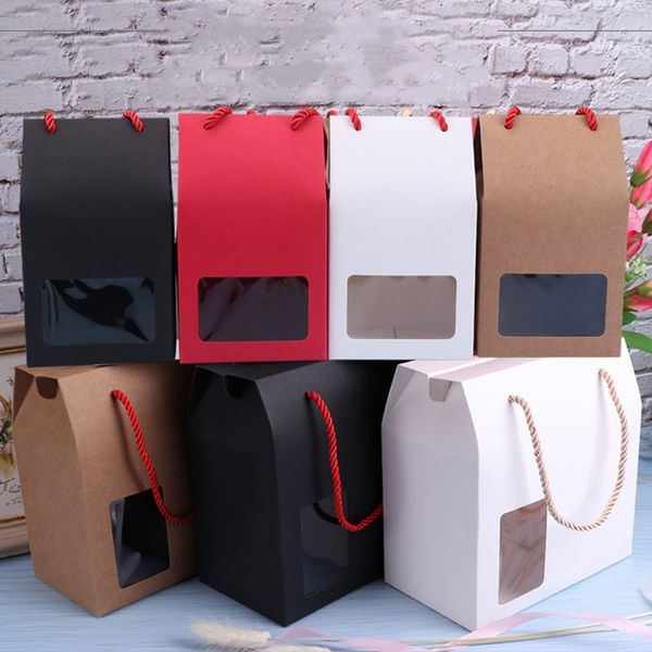 Caja de regalo de papel Kraft con asa, bolsas de embalaje para pasteles, chocolates y dulces, cajas de papel para alimentos, tamaño personalizado al por mayor