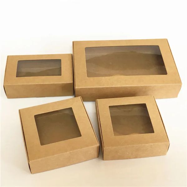 Boîte-cadeau en papier kraft avec fenêtre Boîte à savon faite à la main Biscuits à bijoux Boîtes à bonbons Boîte-cadeau de mariage Décoration de fête Top qualité