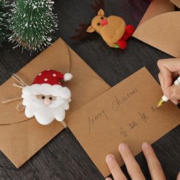 Kraft Paper wenskaart met pluche haarspeld kerstkaart creatief zegen cadeaubon 3D retro berichtenkaart met envelop hennep