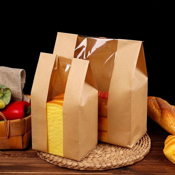 Papel Kraft con ventana, bolsas de embalaje para pan, a prueba de aceite, suministros para desayuno, comida para fiesta, tostadas, celebración transparente