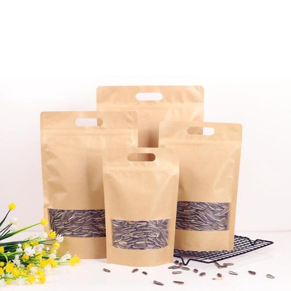 Sac en papier Kraft sacs d'emballage alimentaire poudre de café thé sac de rangement à glissière avec poignée bonbons biscuits joint pochette QW9569