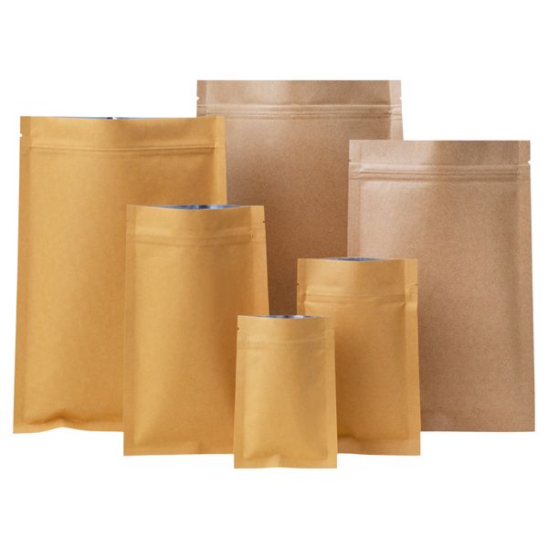Sacs d'emballage alimentaire mats en papier Kraft à fermeture éclair, pochette d'emballage artisanale auto-scellante pour les collations au sucre et le thé