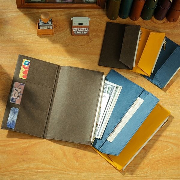 Bolsa de papel Kraft con cremallera, bolsillo de cuero, cuaderno encuadernado, accesorio para planificador, bolsa de almacenamiento para cuaderno de viajero, carpeta de archivos, papelería 240327