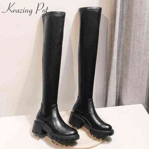 Krazing Pot Big Size Koe Lederen Stretch Over-The-Knee Boots Platform Ronde Teen Hoge Hakken Winter Vrouwen Warm Dij Hoge Laarzen Y1209