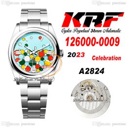 KRF 126000 ETA A2824 Automatik-Herrenuhr, 36 mm, türkisblaues Zifferblatt mit Feiermotiv, 904L-Stahl, OysterSteel-Armband, Super Edition, Reloj Hombre Montre Puretime