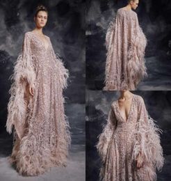 Krikor Jabotian 2020 robes de bal de luxe paillettes perles plume Dubaï arabe col en V célébrité à manches longues robes de soirée formelle Pag8937043