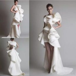 Krikor Jabotian ontworpen promjurken één schouder appliques ruches schede hi-lo organza pageant jurk witte ivoren tiered bruidsjurken