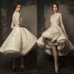 Krikor Jabotian High Low Tea Leagth Robes De Mariée Bijou Cou Dentelle Vintage Paillettes Courte Robe De Mariée Robe De Mariée Gowns234u