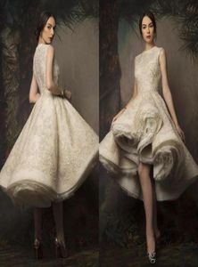 Krikor Jabotian High Low Tea Leagth Bruid Dresses Jewel Neck Lace vintage pailletten kort feest trouwjurk bruidsjurken88809099