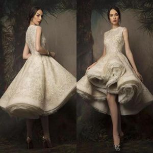 Krikor Jabotian High Low Tea Leagth Vestidos de novia Joya Cuello Encaje Vintage Lentejuelas Fiesta corta Vestido de novia Vestidos de novia 221E