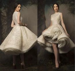 Krikor Jabotian alto vestido de novia bajo 2024 Jewel Neck Lace Sequined Corto Vestido de novia de Organa Ruchada Vestidos nupciales